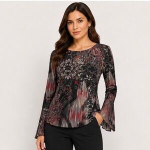 N Touch Small Black Burgundy Paisley Bell Sleeve Keyhole Back Top Whimsigoth